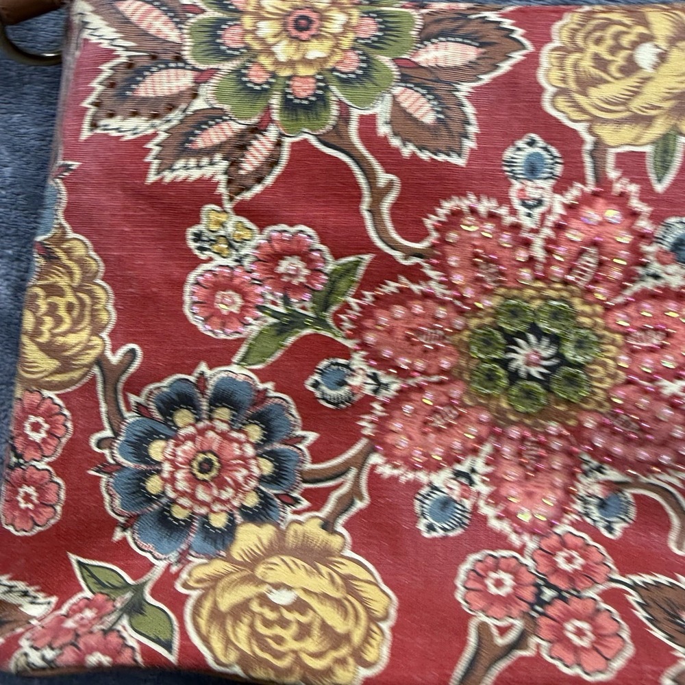 Floral Beaded Canvas Shoulder Bag Red Boho Tapestry Print Zip Top Purse - Picture 2 of 12
